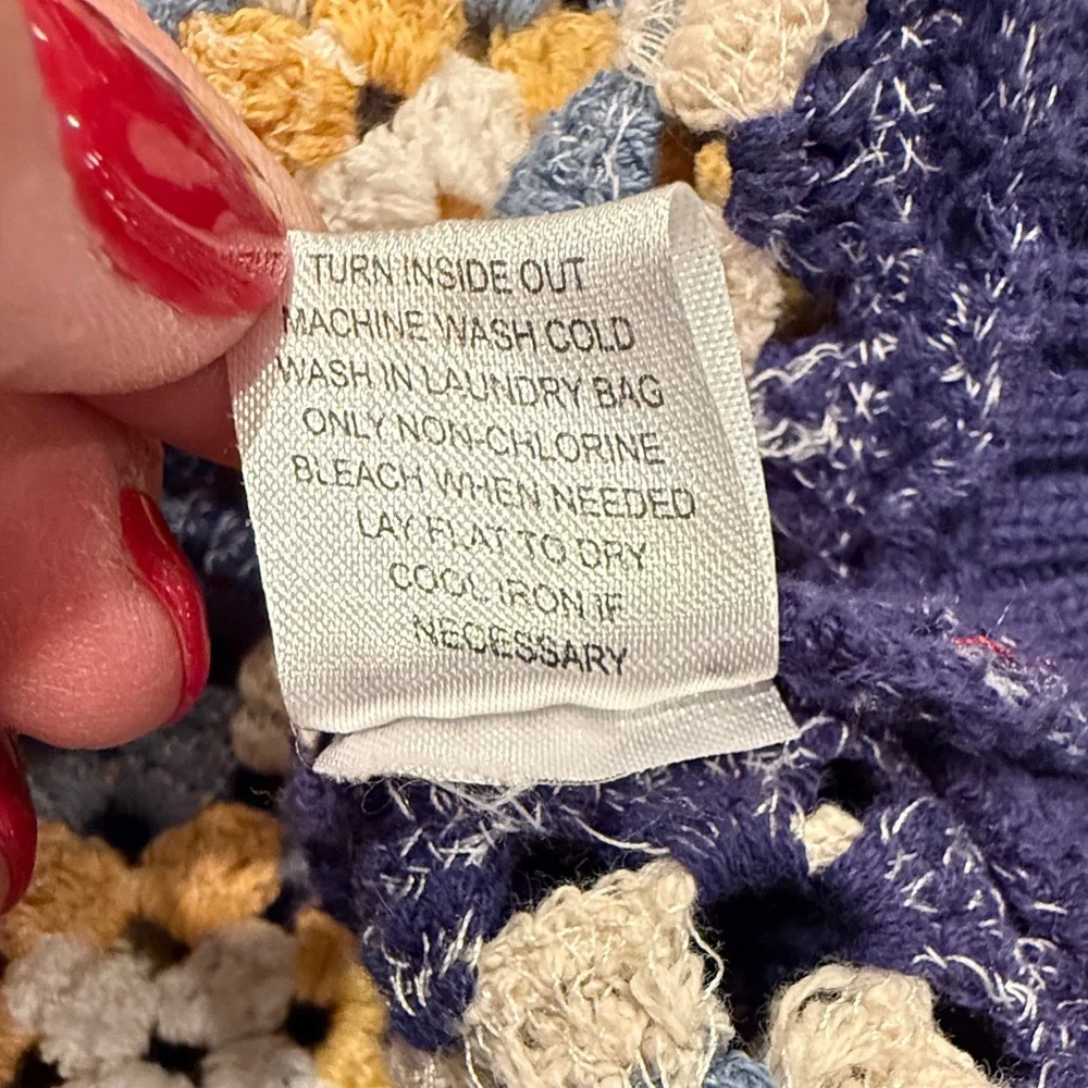 PacSun Estate Cardigan Crochet Granny Square V-Neck Button Down Sweater Navy - Picture 10 of 13